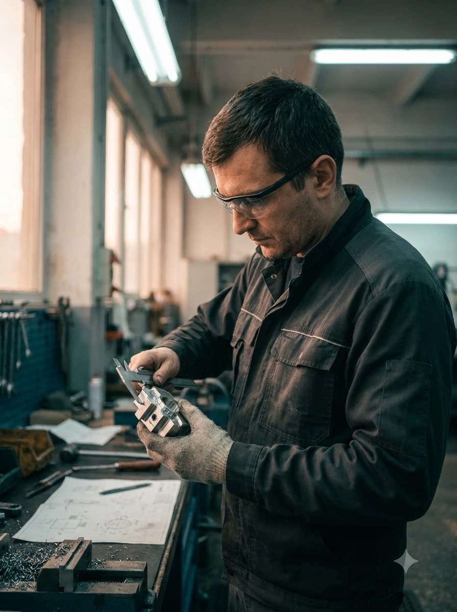 Direct quality control on the factory floor — a Mech Bridge inspector measuring a machined part before dispatch.